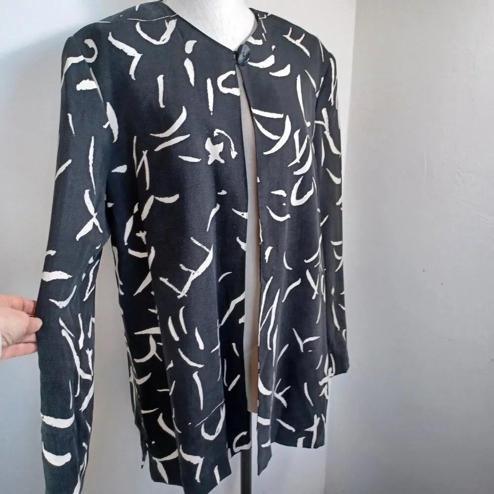 Doncaster Blazer Jacket Black Cream Abstract Print One Button‎ Lined Womens 16